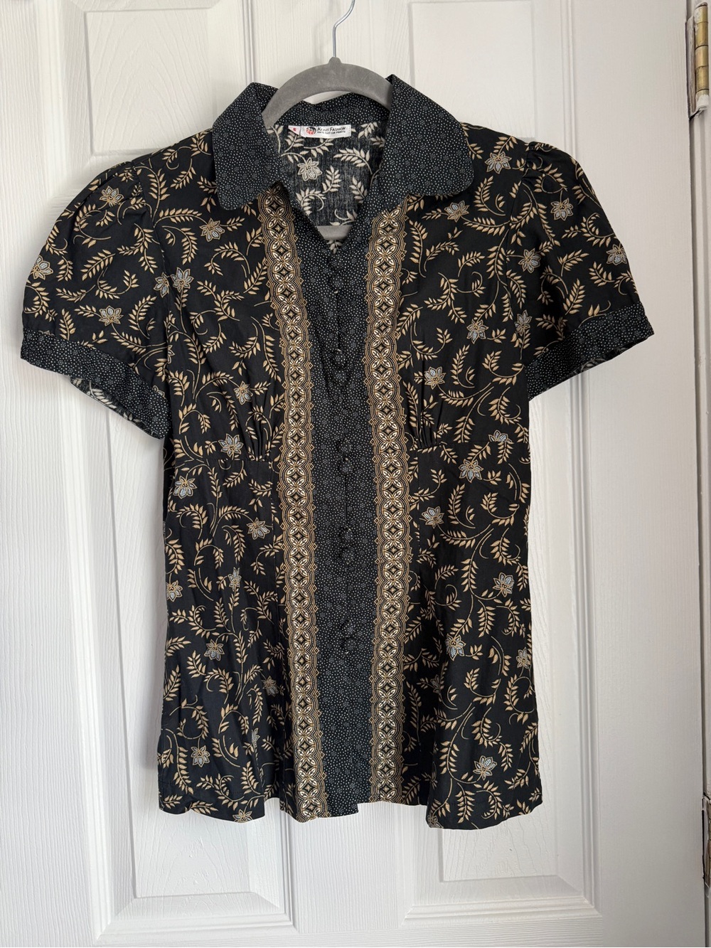 Keris Fashion Brown Black Floral 100% Cotton Button Down Shirt Small